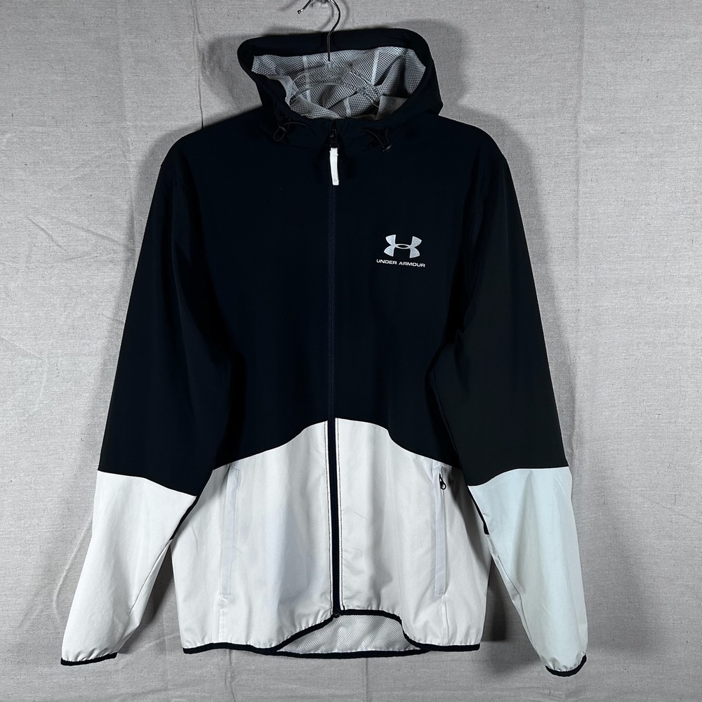 Under Armour HeatGear Windbreaker Jacket Mens Medium Black White Full Zip Hooded